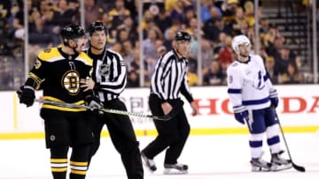 BOSTON, MA - MAY 2: Brad Marchand #63 of the Boston Bruins disputes a slashing call during the second period of Game Three of the Eastern Conference Second Round during the 2018 NHL Stanley Cup Playoffs against the Tampa Bay Lightning at TD Garden on May 2, 2018 in Boston, Massachusetts. (Photo by Maddie Meyer/Getty Images)