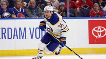 Apr 29, 2022; Buffalo, New York, USA; Buffalo Sabres left wing Anders Bjork (96) looks for the puck during the second period against the Chicago Blackhawks at KeyBank Center. Mandatory Credit: Timothy T. Ludwig-USA TODAY Sports