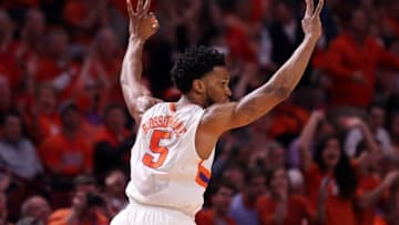 Mar 1, 2016; Greenville, SC, USA; Clemson Tigers forward Jaron Blossomgame (5) reacts after a three pointer against the Virginia Cavaliers during the second half at Bon Secours Wellness Arena. The Cavaliers won 64-57. Mandatory Credit: Dawson Powers-USA TODAY Sports