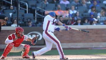 Sep 25, 2016; New York City, NY, USA; New York Mets shortstop Asdrubal Cabrera (13) hits a grand slam to right during the seventh inning against the Philadelphia Phillies at Citi Field. Mandatory Credit: Anthony Gruppuso-USA TODAY Sports