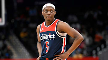 WASHINGTON, DC - FEBRUARY 10: Cassius Winston #5 of the Washington Wizards rests during a break in the game against the Brooklyn Nets at Capital One Arena on February 10, 2022 in Washington, DC. NOTE TO USER: User expressly acknowledges and agrees that, by downloading and or using this photograph, User is consenting to the terms and conditions of the Getty Images License Agreement. (Photo by G Fiume/Getty Images)
