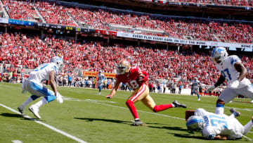 SANTA CLARA, CA - SEPTEMBER 16: Dante Pettis #18 of the San Francisco 49ers goes for 35-yard on a pass play during the game against the Detroit Lions at Levi Stadium on September 16, 2018 in Santa Clara, California. The 49ers defeated the Lions 30-27. (Photo by Michael Zagaris/San Francisco 49ers/Getty Images)