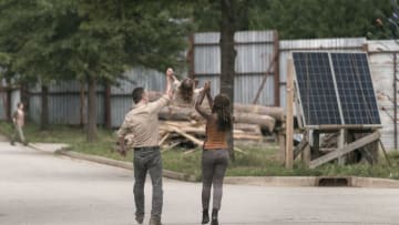 Andrew Lincoln as Rick Grimes, Chloe Garcia-Frizzi as Judith Grimes, Danai Gurira as Michonne - The Walking Dead _ Season 9, Episode 3 - Photo Credit: Gene Page/AMC