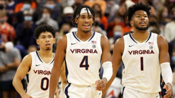 CHARLOTTESVILLE, VA - NOVEMBER 12: Kihei Clark #0, Armaan Franklin #4 and Jayden Gardner #1 of the Virginia Cavaliers during a game against the Radford Highlanders at John Paul Jones Arena on November 12, 2021 in Charlottesville, Virginia. (Photo by Ryan M. Kelly/Getty Images)