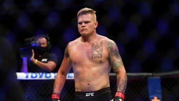 May 13, 2020; Jacksonville, Florida, USA; Chase Sherman (red gloves) reacts after defeating Ike Villanueva (blue gloves) during UFC Fight Night at VyStar Veterans Memorial Arena. Mandatory Credit: Jasen Vinlove-USA TODAY Sports