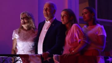 WASHINGTON, DC - JULY 04: U.S. President Joe Biden, first lady Jill Biden (L) and granddaughters Finnegan Biden (2nd R) and Naomi Biden watch the fireworks display during a Fourth of July BBQ event to celebrate Independence Day at the White House July 4, 2021 in Washington, DC. President Biden and first lady Jill Biden hosted about 1,000 guests, including COVID response essential workers and military families, to celebrate the nation’s 245th birthday. (Photo by Alex Wong/Getty Images)