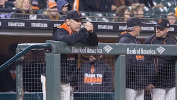 Mar 31, 2016; San Francisco, CA, USA; San Francisco Giants manager Bruce Bochy (15) look on from the dugout against the Oakland Athletics at AT&T Park. The Giants won 3-1. Mandatory Credit: Neville E. Guard-USA TODAY Sports