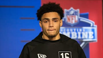 Mar 2, 2022; Indianapolis, IN, USA; Southern California wide receiver Drake London talks to the media during the 2022 NFL Combine. Mandatory Credit: Trevor Ruszkowski-USA TODAY Sports