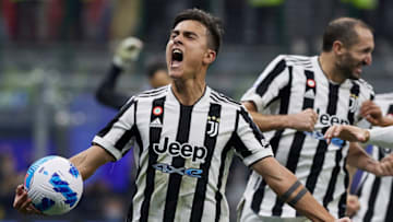 MILAN, ITALY - OCTOBER 24: Paulo Dybala of Juventus celebrates after scoring his team's first goal during the Serie A match between FC Internazionale and Juventus at Stadio Giuseppe Meazza on October 24, 2021 in Milan, Italy. (Photo by Emmanuele Ciancaglini/CPS Images/Getty Images)