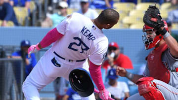 LOS ANGELES, CA - MAY 13: Tony Cruz #17 of the Cincinnati Reds sits behind the plate as Matt Kemp #27 of the Los Angeles Dodgers backs out of an inside pitch in the ninth inning of the game at Dodger Stadium on May 13, 2018 in Los Angeles, California. (Photo by Jayne Kamin-Oncea/Getty Images)