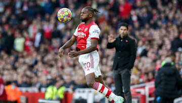 LONDON, ENGLAND - NOVEMBER 07: Nuno Tavares of Arsenal during the Premier League match between Arsenal and Watford at Emirates Stadium on November 07, 2021 in London, England. (Photo by Robin Jones/Getty Images)