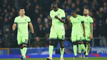LIVERPOOL, ENGLAND - JANUARY 06: Yaya Toure of Manchester City looks dejected with team mates after the opening goal scored by Ramiro Funes Mori of Everton during the Capital One Cup Semi Final First Leg match between Everton and Manchester City at Goodison Park on January 6, 2016 in Liverpool, England. (Photo by Alex Livesey/Getty Images)
