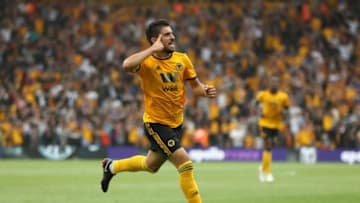 WOLVERHAMPTON, ENGLAND - AUGUST 11: Ruben Neves of Wolverhampton Wanderers celebrates after scoring their first goal during the Premier League match between Wolverhampton Wanderers and Everton FC at Molineux on August 11, 2018 in Wolverhampton, United Kingdom. (Photo by David Rogers/Getty Images)