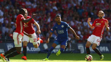 LONDON, ENGLAND - AUGUST 07: Riyad Mahrez of Leicester City cuts between Eric Bailly (L), Luke Shaw (2L) and Daley Blind (R) of Manchester United during the Community Shield match between Leicester City and Manchester United at Wembley Stadium on August 7, 2016 in London, England. (Photo by Michael Steele/Getty Images)