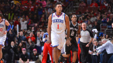 PHILADELPHIA, PA - JANUARY 21: Nick Young #1 of the Philadelphia 76ers celebrates during the game against the San Antonio Spurs at the Wells Fargo Center on January 21, 2013 in Philadelphia, Pennsylvania. NOTE TO USER: User expressly acknowledges and agrees that, by downloading and or using this photograph, User is consenting to the terms and conditions of the Getty Images License Agreement. Mandatory Copyright Notice: Copyright 2013 NBAE (Photo by Jesse D. Garrabrant/NBAE via Getty Images)