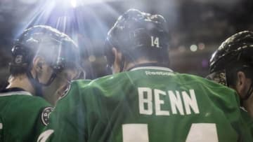 Dec 19, 2015; Dallas, TX, USA; Dallas Stars left wing Jamie Benn (14) and defenseman John Klingberg (3) and center Tyler Seguin (91) celebrate his goal against Montreal Canadiens goalie Mike Condon (not pictured) during the second period at the American Airlines Center. Mandatory Credit: Jerome Miron-USA TODAY Sports