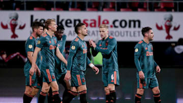 ALKMAAR, NETHERLANDS - DECEMBER 15: (L-R) Klaas Jan Huntelaar of Ajax, Perr Schuurs of Ajax, Lassina Traore of Ajax, Dusan Tadic of Ajax, Donny van de Beek of Ajax, Nicolas Tagliafico of Ajax during the Dutch Eredivisie match between AZ Alkmaar v Ajax at the AFAS Stadium on December 15, 2019 in Alkmaar Netherlands (Photo by Erwin Spek/Soccrates/Getty Images)