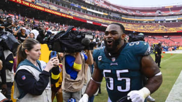 Sep 25, 2022; Landover, Maryland, USA; Philadelphia Eagles defensive end Brandon Graham (55) celebrates after the game against the Washington Commanders at FedExField. Mandatory Credit: Brad Mills-USA TODAY Sports
