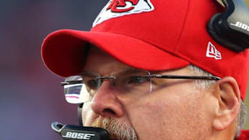 FOXBORO, MA - JANUARY 16: Head coach Andy Reid of the Kansas City Chiefs looks on in the first quarter against the New England Patriots during the AFC Divisional Playoff Game at Gillette Stadium on January 16, 2016 in Foxboro, Massachusetts. (Photo by Elsa/Getty Images)