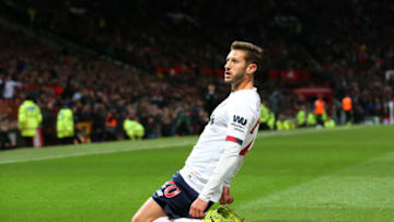 MANCHESTER, ENGLAND - OCTOBER 20: Adam Lallana of Liverpool celebrates after scoring his sides first goal during the Premier League match between Manchester United and Liverpool FC at Old Trafford on October 20, 2019 in Manchester, United Kingdom. (Photo by Alex Livesey/Getty Images)