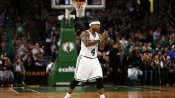 Mar 4, 2016; Boston, MA, USA; Boston Celtics guard Isaiah Thomas (4) celebrates against the New York Knicks during the second half at TD Garden. Mandatory Credit: Mark L. Baer-USA TODAY Sports