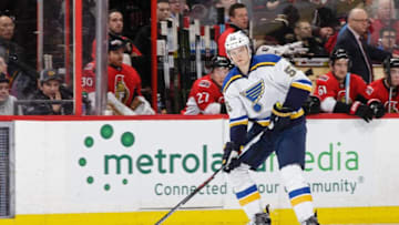 OTTAWA, ON - MARCH 1: Colton Parayko #55 of the St. Louis Blues skates with the puck against the Ottawa Senators during an NHL game at Canadian Tire Centre on March 1, 2016 in Ottawa, Ontario, Canada. (Photo by Jana Chytilova/Freestyle Photography/Getty Images)