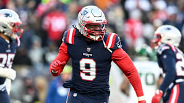 Nov 20, 2022; Foxborough, Massachusetts, USA; New England Patriots linebacker Matthew Judon (9) reacts after a sack against the New York Jets during the second half at Gillette Stadium. Mandatory Credit: Brian Fluharty-USA TODAY Sports