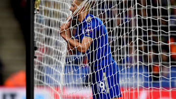 LEICESTER, ENGLAND - OCTOBER 24: Islam Slimani of Leicester City reacts during the Caraboa Cup Fourth Round match between Leicester City and Leeds United at The King Power Stadium on October 24, 2017 in Leicester, England. (Photo by Michael Regan/Getty Images)