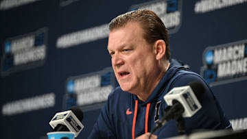 Mar 15, 2023; Des Moines, IA, USA; Illinois Fighting Illini head coach Brad Underwood speaks during the press conference before their opening round game of the NCAA tournament in Des Moines at Wells Fargo Arena. Mandatory Credit: Jeffrey Becker-USA TODAY Sports