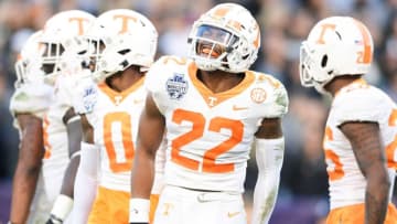 Tennessee defensive back Jaylen McCollough (22) reacts after a play at the 2021 Music City Bowl NCAA college football game at Nissan Stadium in Nashville, Tenn. on Thursday, Dec. 30, 2021.Kns Tennessee Purdue
