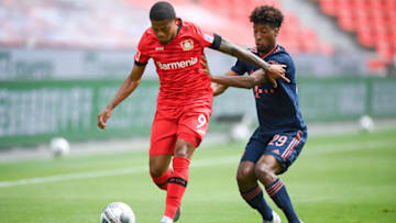 Former Bayer Leverkusen winger Leon Bailey (L) regrets not joining Bayern Munich in 2019. (Photo by Matthias Hangst/Getty Images)
