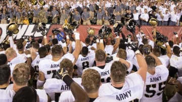 Sep 2, 2016; Philadelphia, PA, USA; The Army Black Knights salute the cadets in the stands during after a victory against the Temple Owls at Lincoln Financial Field. The Army Black Knights won 28-13. Mandatory Credit: Bill Streicher-USA TODAY Sports