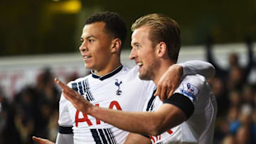 LONDON, ENGLAND - NOVEMBER 22: Harry Kane (R) of Tottenham Hotspur celebrates scoring his teams third goal with Dele Alli of Tottenham Hotspur during the Barclays Premier League match between Tottenham Hotspur and West Ham United at White Hart Lane on November 22, 2015 in London, England. (Photo by Shaun Botterill/Getty Images)