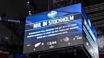 Nov 16, 2023; Stockholm, SWEDEN; General view of the scoreboard during a Global Series NHL hockey game between the Detroit Red Wings and the Ottawa Senators at Avicii Arena. Mandatory Credit: Per Haljestam-USA TODAY Sports