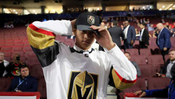 VANCOUVER, BRITISH COLUMBIA - JUNE 22: Marcus Kallionkieli reacts after being selected 139th overall by the Vegas Golden Knights during the 2019 NHL Draft at Rogers Arena on June 22, 2019 in Vancouver, Canada. (Photo by Bruce Bennett/Getty Images)