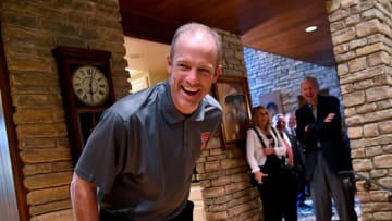New Texas Tech head football coach Matt Wells laughs during a visit with Tech alums and fans at Scott Dueser's home Tuesday May 14, 2019.0517techcoach