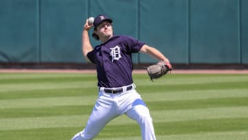 Mar 19, 2021; Lakeland, Florida, USA; Detroit Tigers starting pitcher Casey Mize (12) throws the ball before the game against the Toronto Blue Jays at Publix Field at Joker Marchant Stadium. Mandatory Credit: Mike Watters-USA TODAY Sports