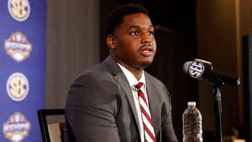 NASHVILLE, TENNESSEE - JULY 18: Jaden Crumedy #94 of the Mississippi State Bulldogs speaks during Day 2 of the 2023 SEC Media Days at Grand Hyatt Nashville on July 18, 2023 in Nashville, Tennessee. (Photo by Johnnie Izquierdo/Getty Images)
