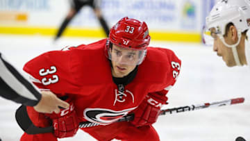 Nov 27, 2016; Raleigh, NC, USA; Carolina Hurricanes forward Derek Ryan (33) gets ready for a face off against the Florida Panthers at PNC Arena. The Carolina Hurricanes defeated the Florida Panthers 3-2. Mandatory Credit: James Guillory-USA TODAY Sports