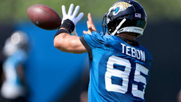 JACKSONVILLE, FLORIDA - JUNE 15: Tim Tebow #85 of the Jacksonville Jaguars participates in drills during Jacksonville Jaguars Mandatory Minicamp at TIAA Bank Field on June 15, 2021 in Jacksonville, Florida. (Photo by Sam Greenwood/Getty Images)