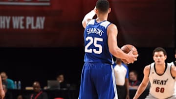 LAS VEGAS, NV - JULY 15: Ben Simmons #25 of Philadelphia 76ers handles the ball during the game against the Miami Heat during the 2016 Las Vegas Summer League on July 15, 2016 at the Thomas & Mack Center in Las Vegas, Nevada. NOTE TO USER: User expressly acknowledges and agrees that, by downloading and or using this Photograph, user is consenting to the terms and conditions of the Getty Images License Agreement. Mandatory Copyright Notice: Copyright 2016 NBAE (Photo by Garrett Ellwood/NBAE via Getty Images)