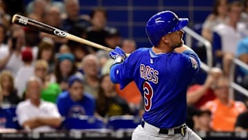 Jun 23, 2016; Miami, FL, USA; Chicago Cubs catcher David Ross (3) hits a home run during the eighth inning against the Miami Marlins at Marlins Park. The Marlins won 4-2. Mandatory Credit: Steve Mitchell-USA TODAY Sports