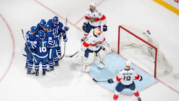 TORONTO, ON - MARCH 25: John Tavares #91 of the Toronto Maple Leafs celebrates his goal against the Florida Panthers with teammates Mitch Marner #16, Morgan Rielly #44, Nazem Kadri #43 and Auston Matthews #34 during the first period at the Scotiabank Arena on March 25, 2019 in Toronto, Ontario, Canada. (Photo by Mark Blinch/NHLI via Getty Images)