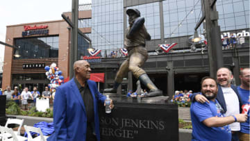 May 20, 2022; Chicago, Illinois, USA; Former Chicago Cubs pitcher Fergie Jenkins stands at Wrigley Field after his statue was unveiled. The statue will stand with other Cubs players outside the stadium. Mandatory Credit: Matt Marton-USA TODAY Sports