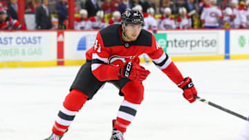 NEWARK, NJ - FEBRUARY 25: New Jersey Devils center Michael McLeod (41) skates during the second period of the National Hockey League game between the New Jersey Devils and the Montreal Canadiens on February 25, 2019 at the Prudential Center in Newark, NJ. (Photo by Rich Graessle/Icon Sportswire via Getty Images)
