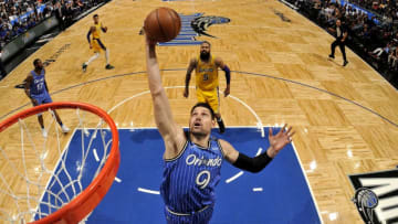 ORLANDO, FL - NOVEMBER 17: Nikola Vucevic #9 of the Orlando Magic shoots the ball against the Los Angeles Lakers on November 17, 2018 at Amway Center in Orlando, Florida. NOTE TO USER: User expressly acknowledges and agrees that, by downloading and or using this photograph, User is consenting to the terms and conditions of the Getty Images License Agreement. Mandatory Copyright Notice: Copyright 2018 NBAE (Photo by Fernando Medina/NBAE via Getty Images)