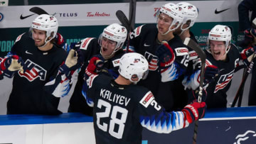 EDMONTON, AB - JANUARY 04: Arthur Kaliyev #28 of the United States celebrates the game-winning goal against Finland during the 2021 IIHF World Junior Championship semifinals at Rogers Place on January 4, 2021 in Edmonton, Canada. (Photo by Codie McLachlan/Getty Images)
