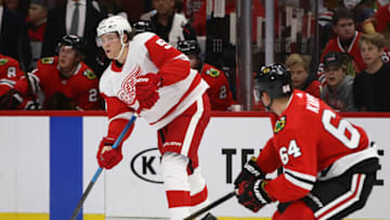 Moritz Seider #53 of the Detroit Red Wings. (Photo by Jonathan Daniel/Getty Images)
