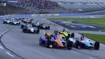 FORT WORTH, TEXAS - JUNE 08: Takuma Sato of Japan, driver of the #30 ABeam Consulting Honda, races Scott Dixon of New Zealand, driver of the #9 PNC Bank Chip Ganassi Racing Honda, at the start of the NTT IndyCar Series DXC Technology 600 at Texas Motor Speedway on June 08, 2019 in Fort Worth, Texas. (Photo by Jared C. Tilton/Getty Images)