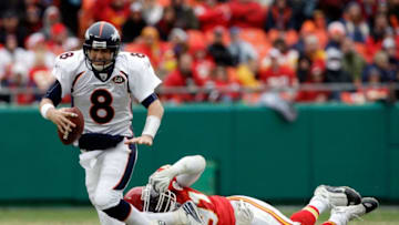 KANSAS CITY, MO - DECEMBER 06: Quarterback Kyle Orton #8 of the Denver Broncos is sacked by Tamba Hali #91 of the Kansas City Chiefs during the game on December 6, 2009 at Arrowhead Stadium in Kansas City, Missouri. (Photo by Jamie Squire/Getty Images)